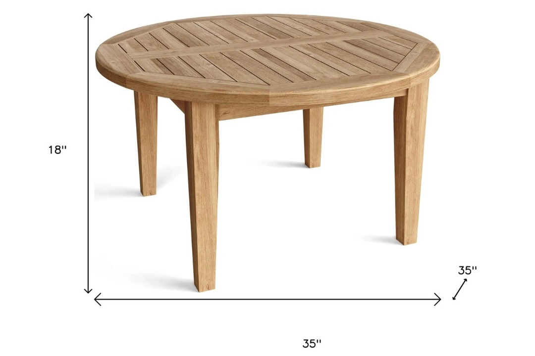 35" Natural Rounded Teak Wood Outdoor Coffee Table – Weather-Resistant Patio Accent Specifications