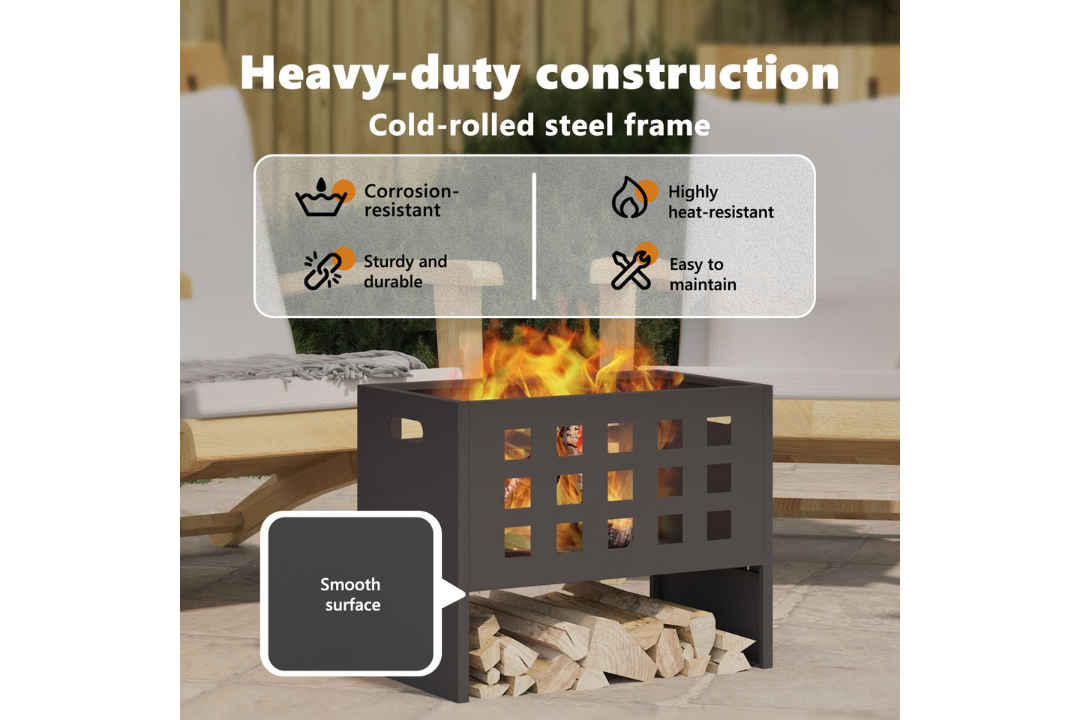 Heavy-Duty Fire Pit Rectangular 50 x 30 x 40 cm in Black Cold-Rolled Steel