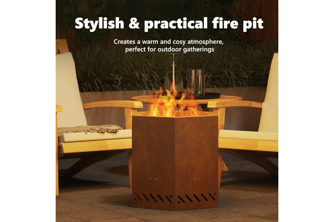 Stylish and Practical Smokeless Fire Pit Hexagonal 48 x 48 x 51 cm in Rusty Brown Weathering Steel