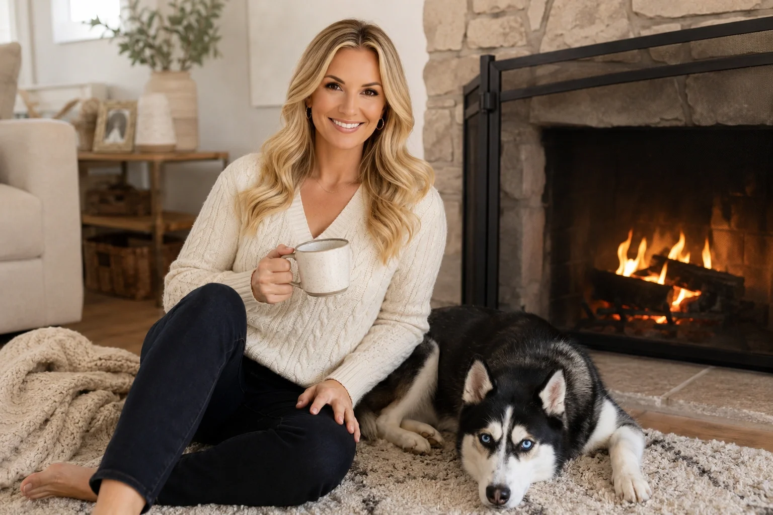 Nadia and Nova relaxing beside a glowing fireplace in a cozy living room.