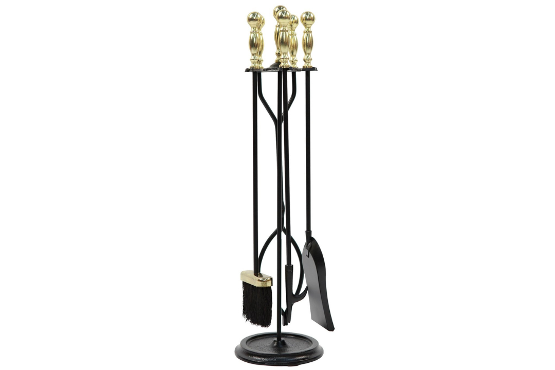 Sutton Fireplace Tool Set in Polished Brass and Black Powder Coated Finish Made of Wrought Iron