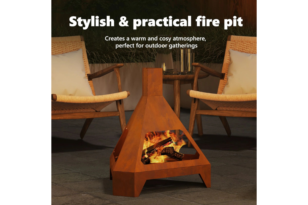 Stylish and Practical Fire Pit with Chimney 50 x 43 x 52 cm in Rusty Brown Weathering Steel