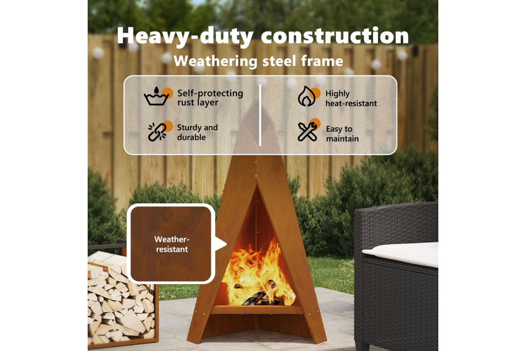 Heavy-Duty Fire Pit Pyramid 58 x 36 x 100 cm in Rusty Brown Weathering Steel