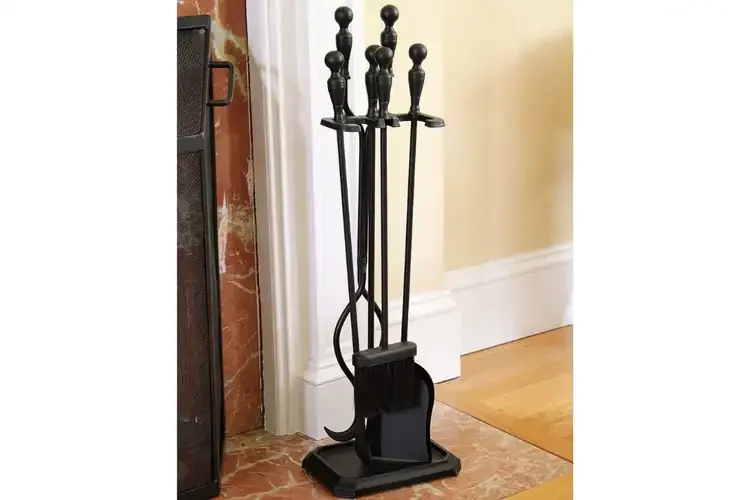Plymouth Fireplace Tool Set – Cast & Wrought Iron, Black Powder-Coated in Rectangular Base