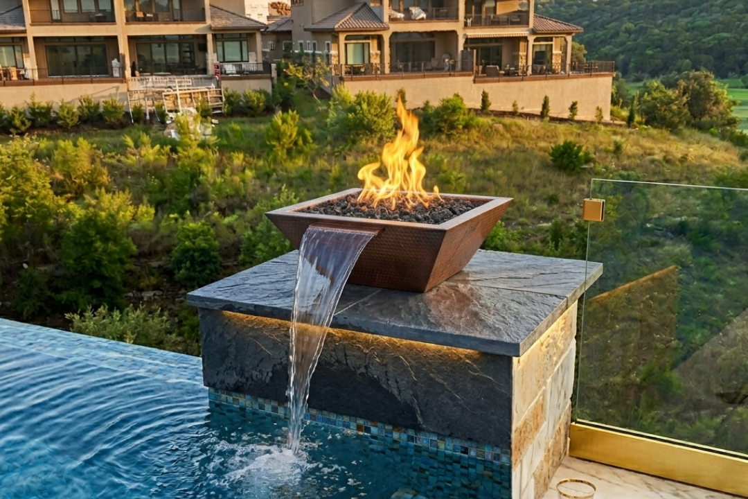 The Outdoor Plus 24" Maya Fire & Water Bowl – Hammered Patina