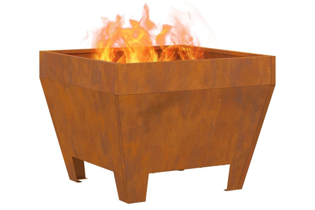 Square Fire Pit 50 x 50 x 38 cm in Rusty Brown Weathering Steel with Rich Patina