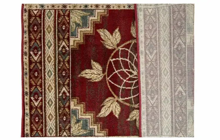 Vista Ancient Sign Red Rectangular Olefin Hearth Rug Folded Back For View Of Backside