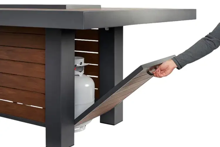 Kenwood and Brooks Umber Brown Linear Dining Height Gas Fire Pit Table Hidden Access Door