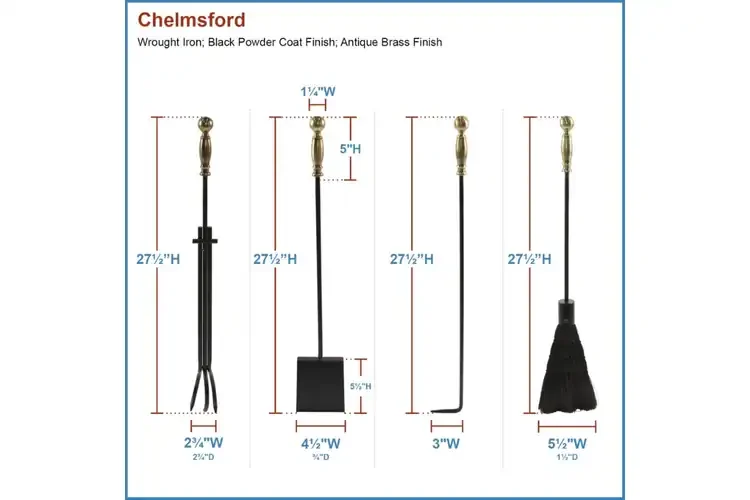 Chelmsford Fireplace Tool Set in Black & Antique Brass Tools Set Details