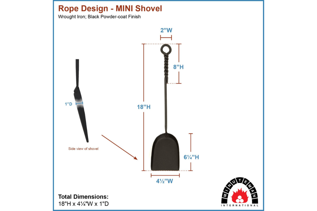 Rope Handle Mini Shovel Fireplace Tools – Wrought Iron, Black Finish Specifications