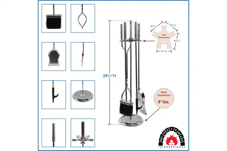 Neoclassic Fireplace Tool Set in Polished Chrome Specifications