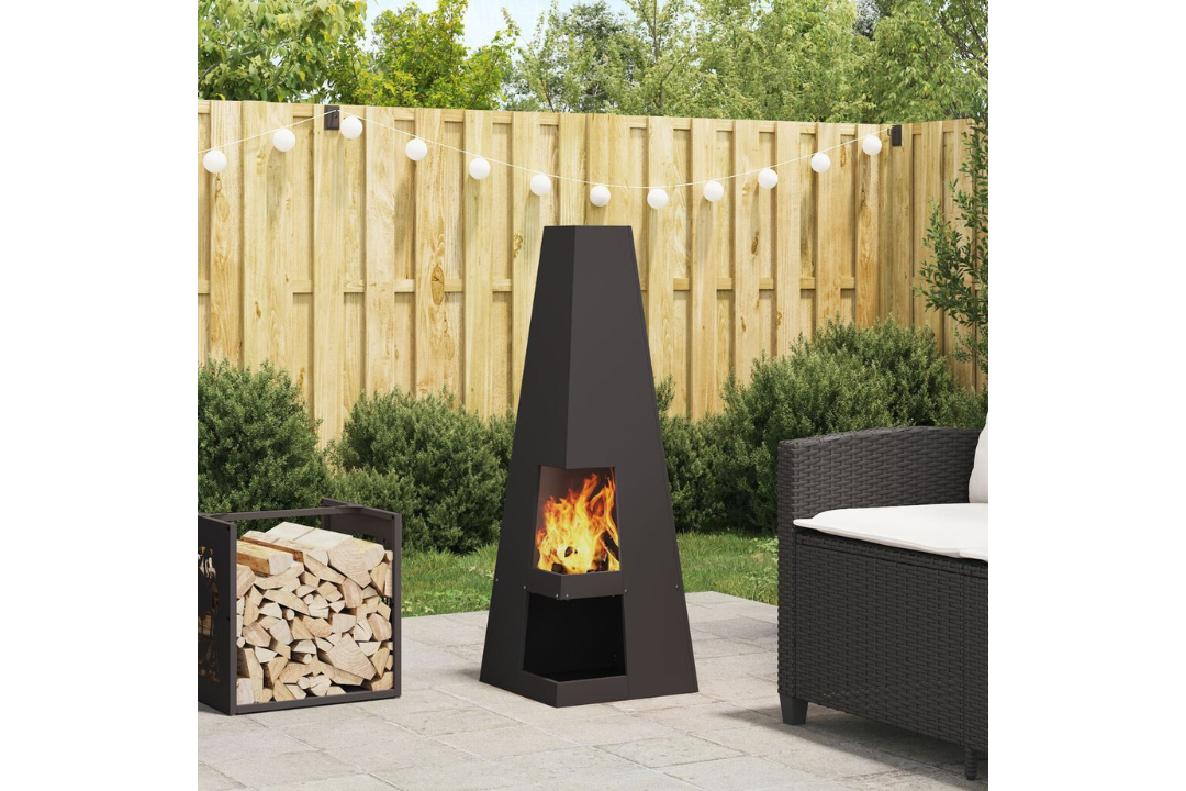 Fire Pit with Log Storage 35 x 35 x 100 cm in Black Cold-Rolled Steel