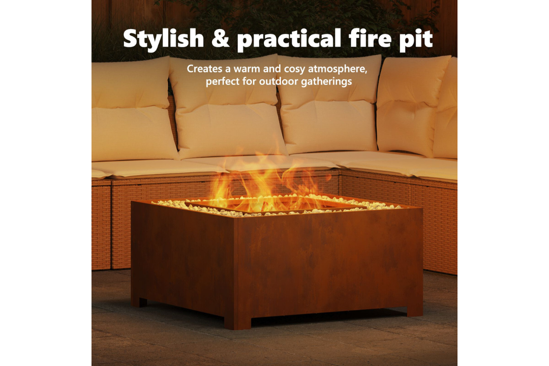 Stylish and Practical Fire Pit Square 80 x 80 x 40 cm in Rusty Brown Weathering Steel