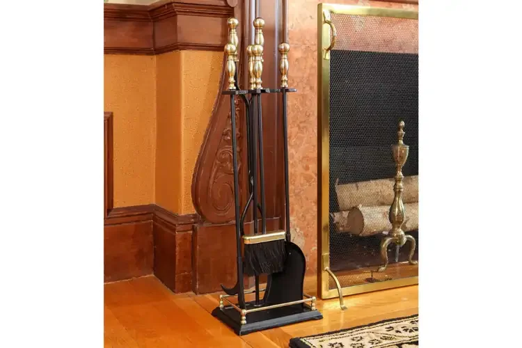 Oxford Fireplace Tool Set in Black & Polished Brass Made of Cast and Wrought Iron