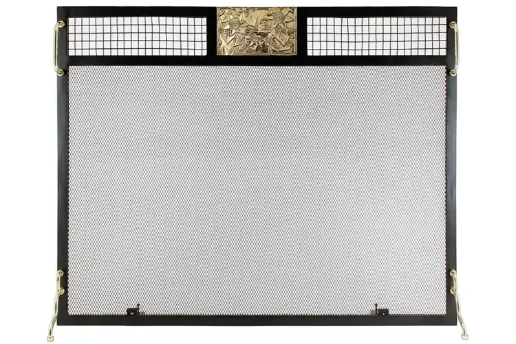 Emblem Flat Fireplace Screen in Clematis Polished Brass Made of Wrought Iron