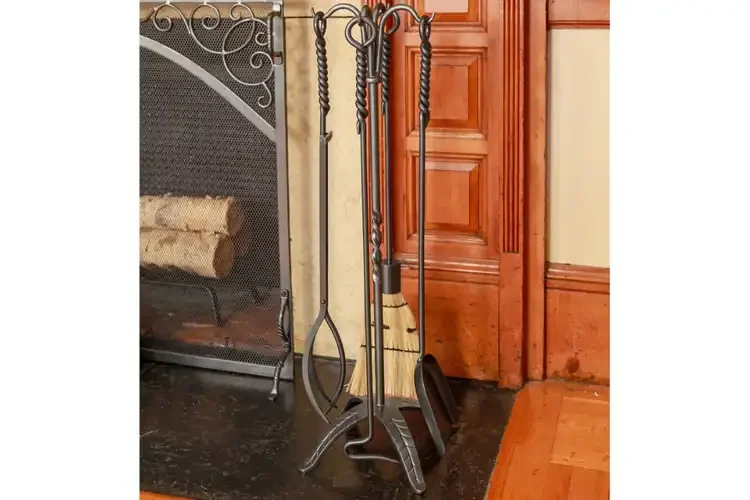 Rope Fireplace Tool Set – 5-Piece Wrought Iron Fire Tool Collection with Twisted Handles and Decorative Stand