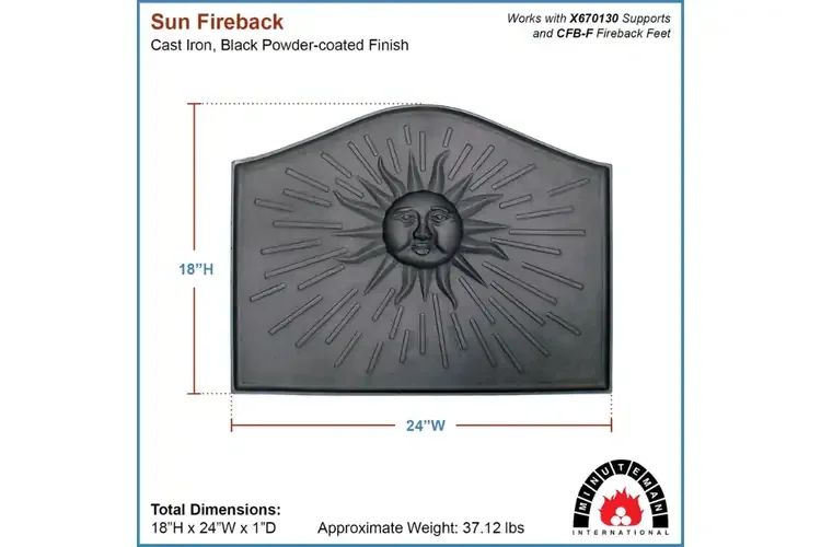 Sun Fireback – Historic Cast Iron Fireplace Heat Reflector, 24" x 18" Specifications