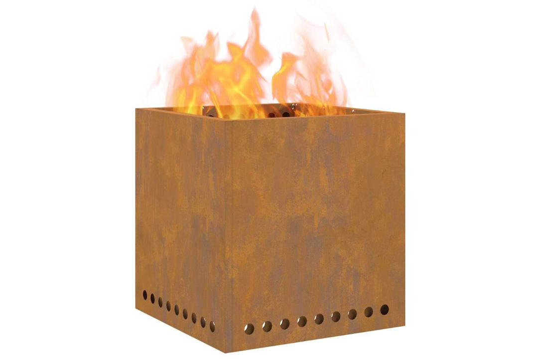 Smokeless Fire Pit Square 48 x 48 x 50 cm in Rusty Brown Weathering Steel with Rich Patina