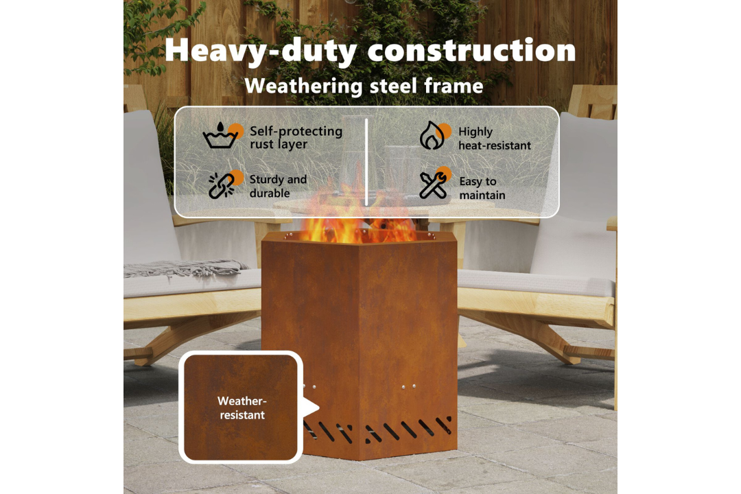Heavy-Duty Smokeless Fire Pit Hexagonal 48 x 48 x 51 cm in Rusty Brown Weathering Steel