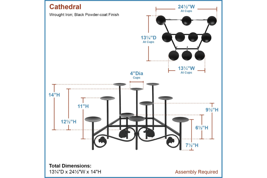 Cathedral Candelabra – 9 Blue Glass Votive Cups Specifications