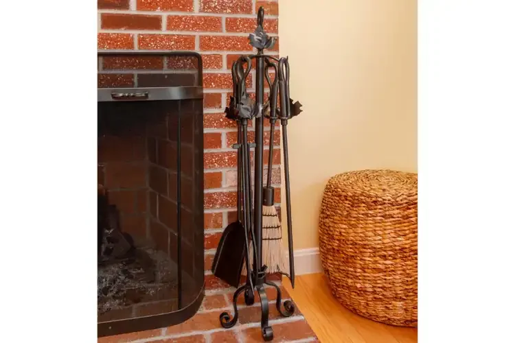 Maple Leaf Fireplace Tool Set – 35” Wrought Iron Tools with Decorative Stand and Graphite Powder Coated Finish
