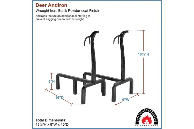 Deer Andirons – Wrought Iron Fireplace Log Holders with Graphite Finish Specifications