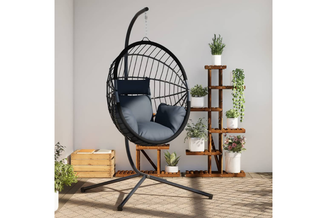 Hanging Egg Chair with Stand – Anthracite Rattan & Steel with Polyester Cushion