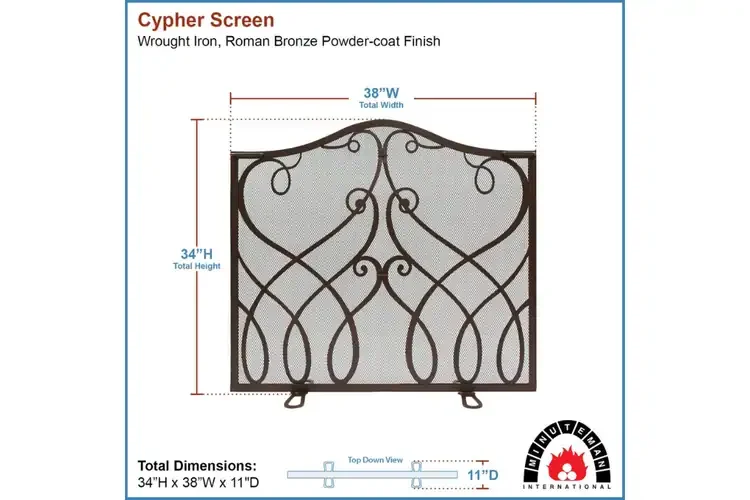 Cypher Flat Fireplace Screen – Wrought Iron with Decorative Monogram Design in Roman Bronze Specifications