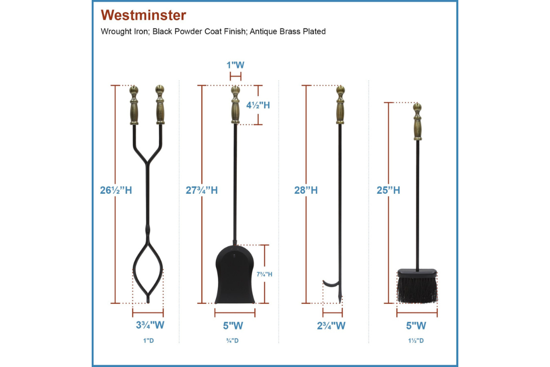 Westminster Fireplace Tool Set in Black and Brass – Cast Iron 4-Piece Hearth Tool Kit Details