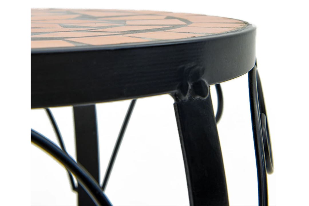 Side View of Sturdy Iron Frame Supporting Ceramic Mosaic Plant Stand, Highlighting Durable Design in Terracotta