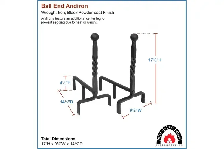Ball End Andirons – Wrought Iron Fireplace Log Holders with Classic Rope Design Specifications