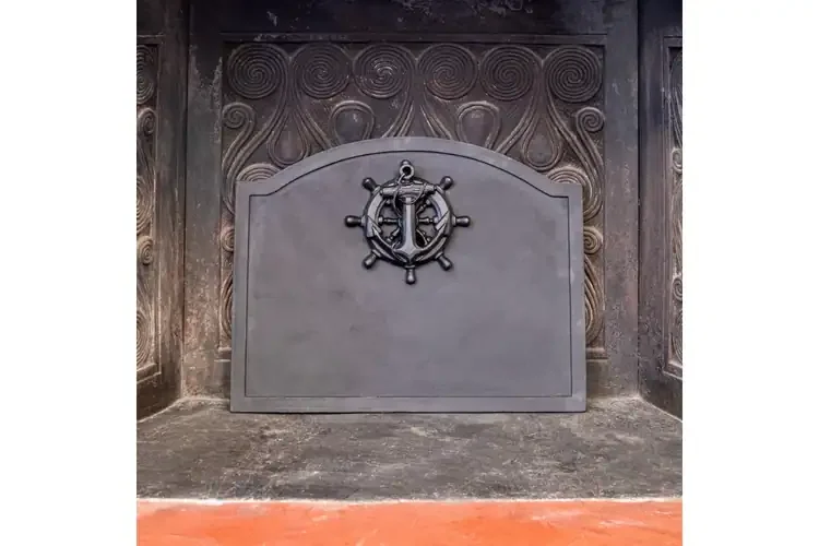 Large Nautical Fireback – Cast Iron Fireplace Back with Anchor & Wheel Design Durable