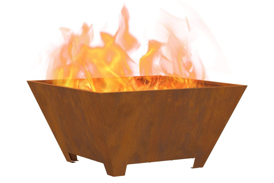 Fire Pit Square 60 x 60 x 30 cm in Rusty Brown Weathering Steel with Rich Patina