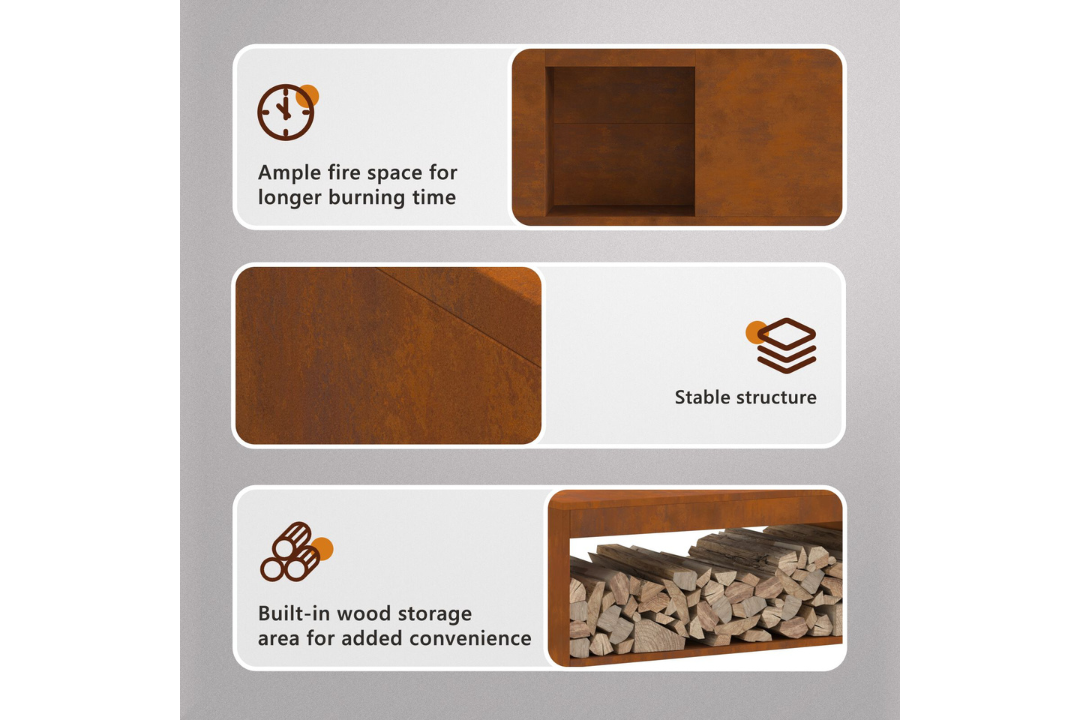 Fire Pit with Log Storage 160 x 45 x 35 cm in Rusty Brown Weathering Steel Features