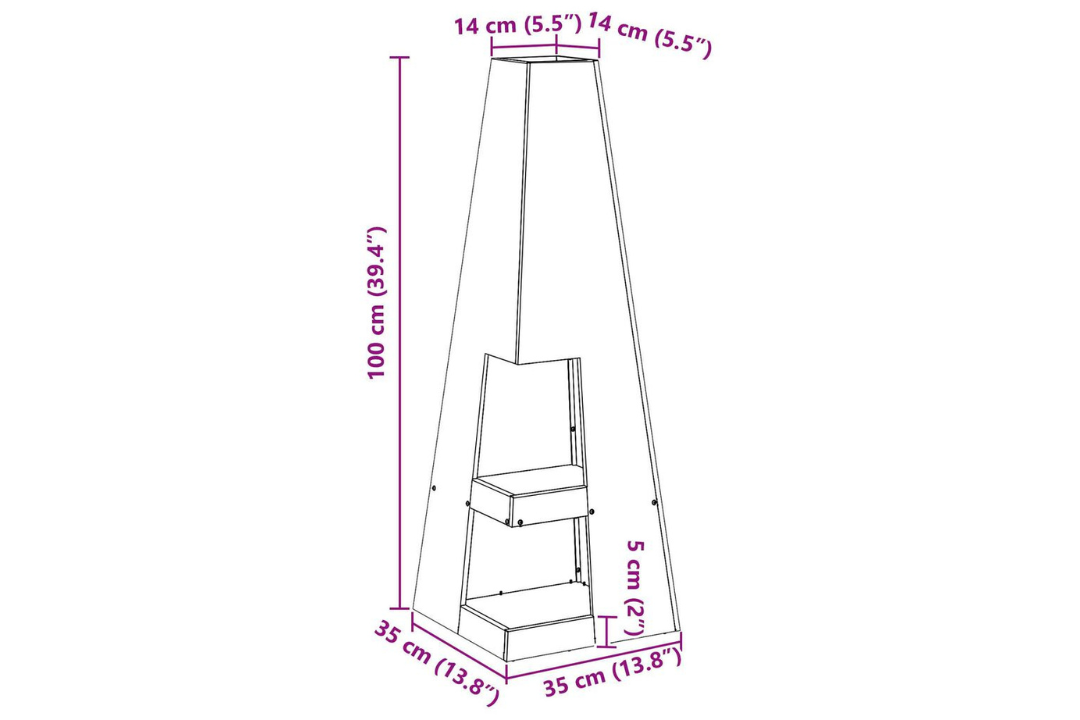 Fire Pit with Log Storage 35 x 35 x 100 cm in Rusty Brown Weathering Steel Specifications
