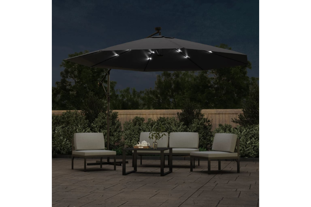 Cantilever Garden Parasol with LED Lights and Metal Pole 350 cm in Black at Night