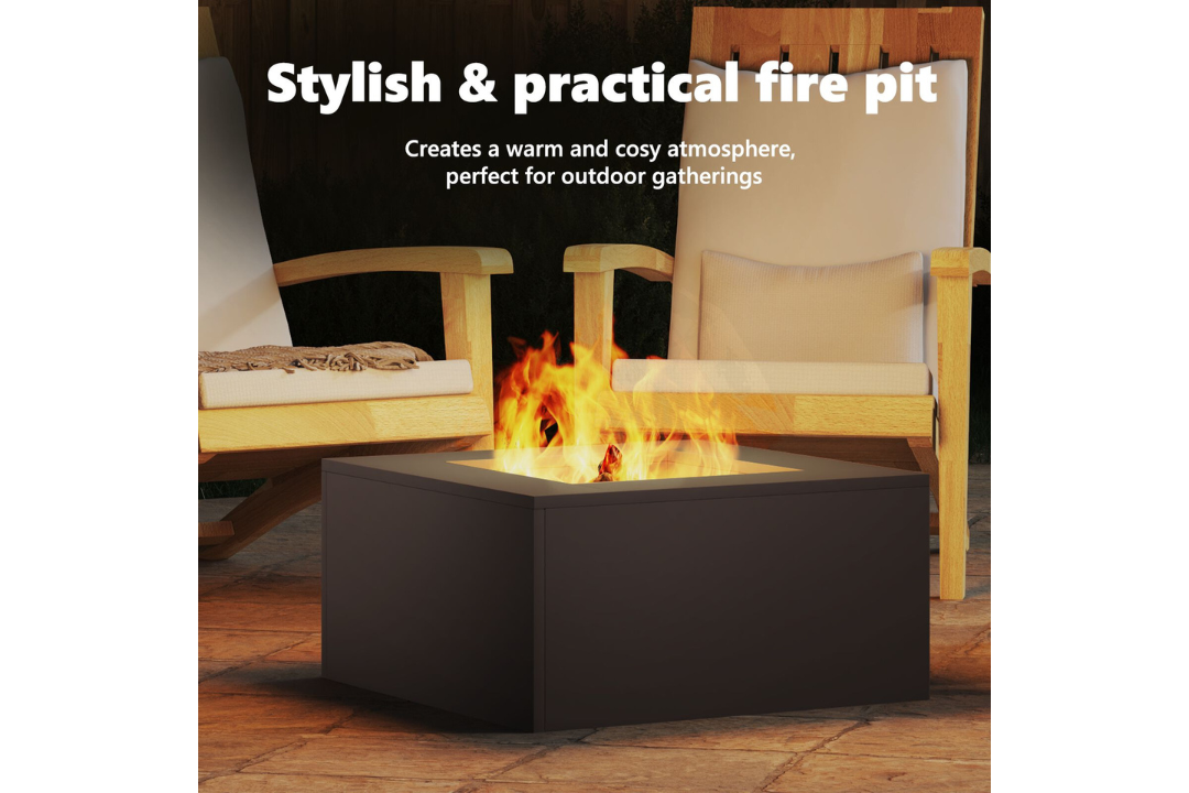 Stylish and Practical Square Fire Pit 60 x 60 x 30 cm in Black Cold-Rolled Steel