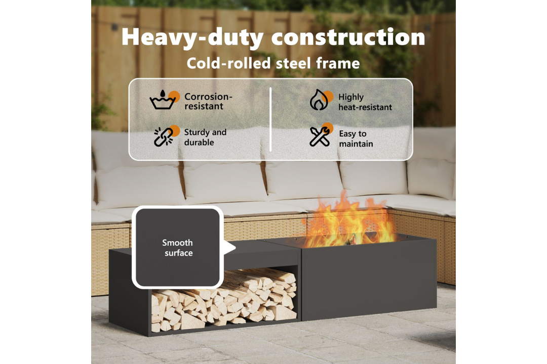 Heavy-Duty Fire Pit with Log Storage 160 x 45 x 35 cm in Black Cold-Rolled Steel