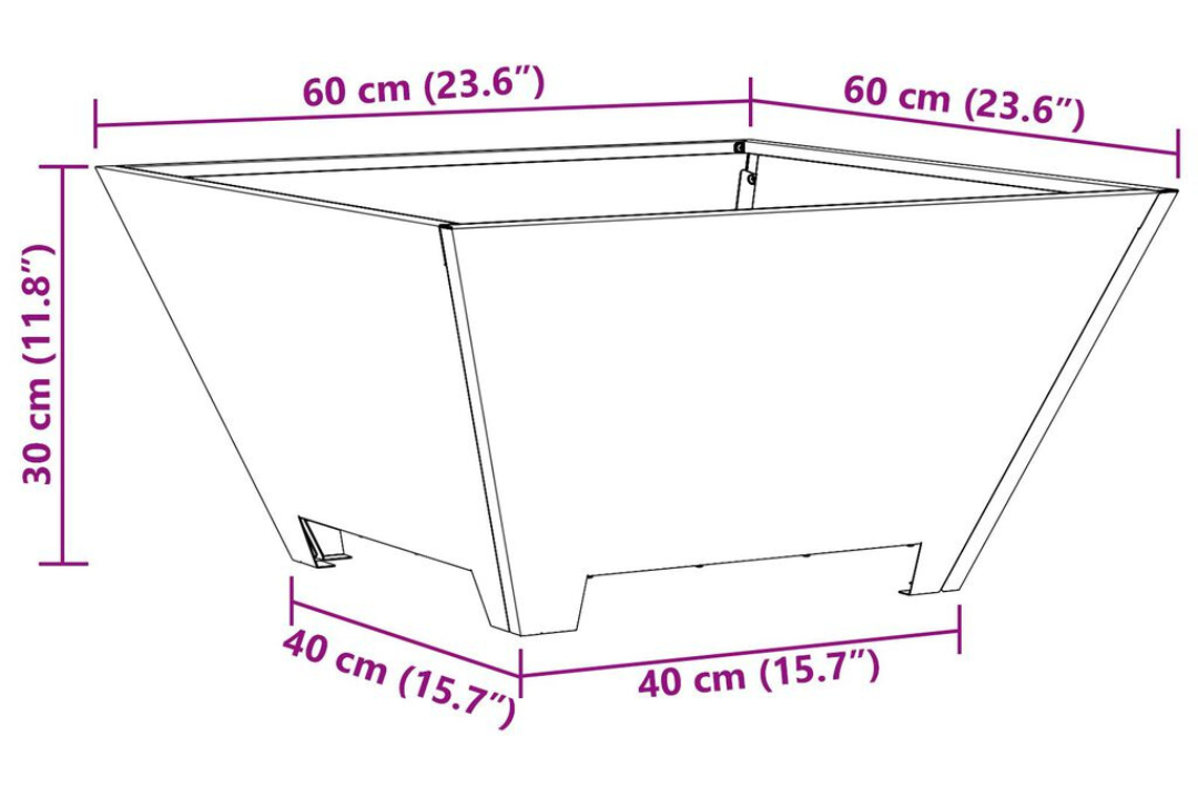 Fire Pit Square 60 x 60 x 30 cm in Rusty Brown Weathering Steel Specifications