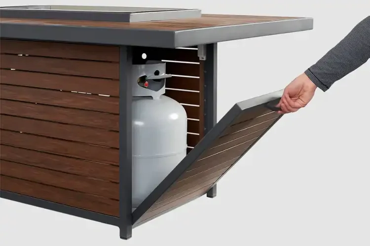 Kenwood and Brooks Umber Brown Rectangular Chat Height Gas Fire Pit Table Access Door