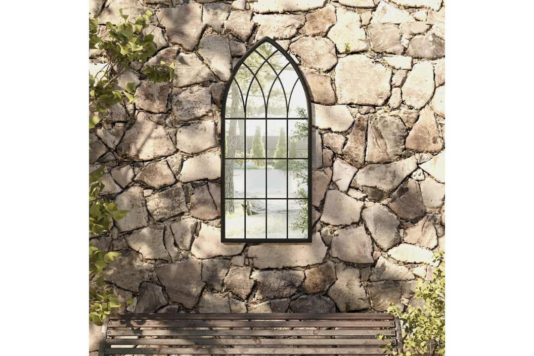 Gothic Arch Outdoor Garden Mirror 100 x 45 cm in Black Made from Durable Iron and Glass