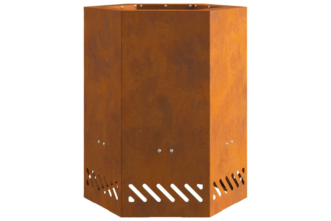 Smokeless Fire Pit Hexagonal 38 x 38 x 51 cm in Rusty Brown Weathering Steel with Rich Patina