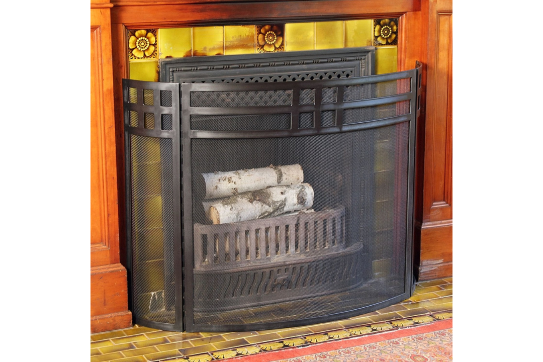 Gridwork Curved Fireplace Screen – Wrought Iron 3-Panel Black Finish