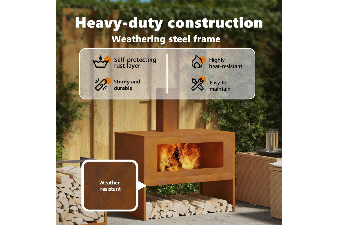 Heavy-Duty Fire Pit with Chimney 80 x 50 x 96 cm in Rusty Brown Weathering Steel
