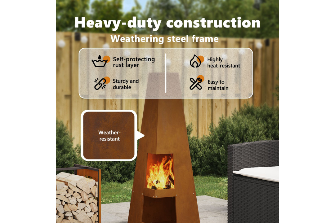 Heavy-Duty Fire Pit with Log Storage 35 x 35 x 100 cm in Rusty Brown Weathering Steel