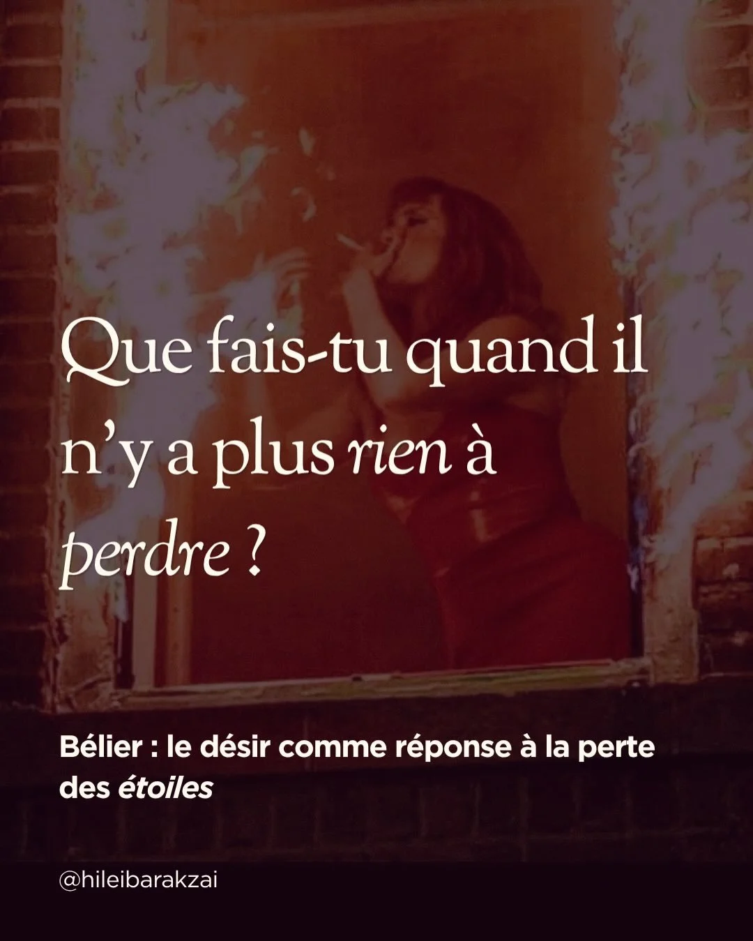 Ce d&eacute;sir ne t&rsquo;a pas &eacute;t&eacute; donn&eacute; pour plaire.
Il t&rsquo;a &eacute;t&eacute; donn&eacute; pour te maintenir en vie. Tu es la survivante d&rsquo;un monde qui s&rsquo;est effondr&eacute; en toi.
Et pourtant, regarde. 
Que