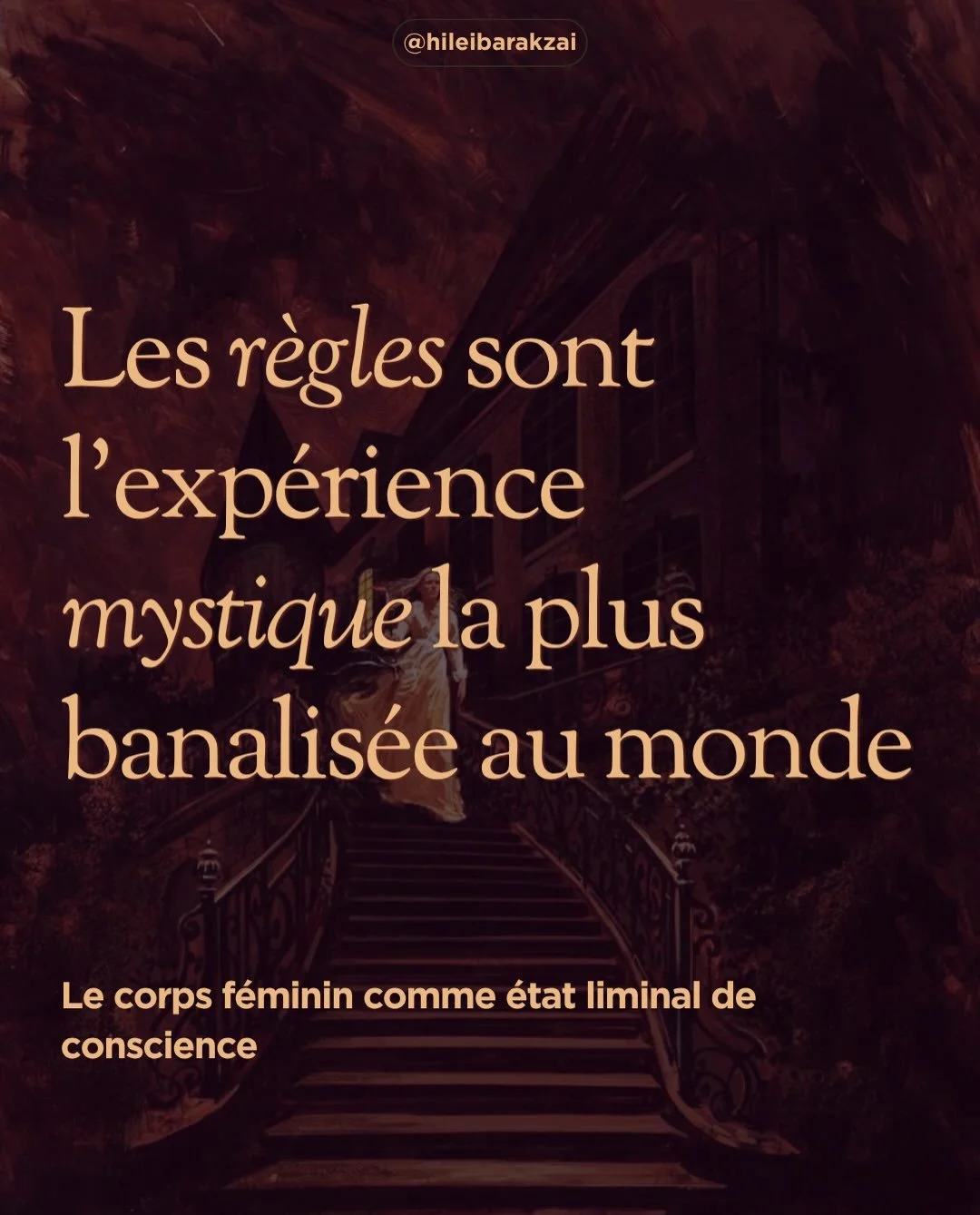 🩸Tu es liminale.

Pendant des mill&eacute;naires les cultures archa&iuml;ques le savaient, le sang menstruel n&rsquo;&eacute;tait pas une impuret&eacute;. 

🚪C&rsquo;&eacute;tait un passage. Un &eacute;tat alt&eacute;r&eacute; de conscience que les