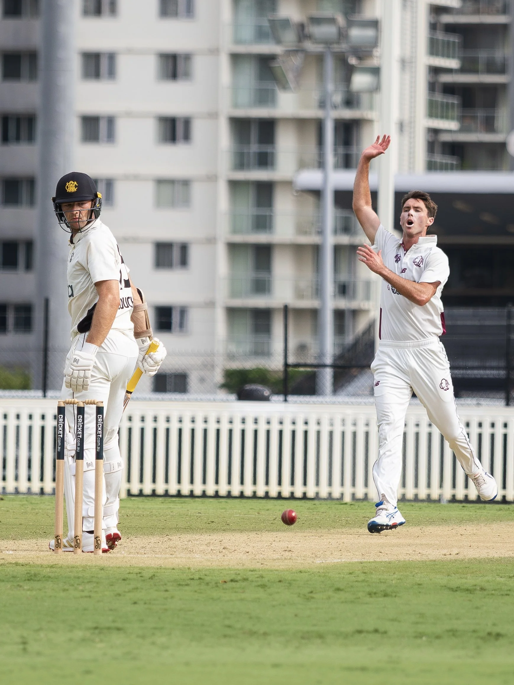 A cricket player in white uniform with a white helmet standing near the stumps, another player in white uniform with short brown hair celebrating with his mouth open and one arm raised, a red cricket ball on the pitch, green grass, and a background o