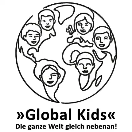 Zeichnung eines Globus mit Kindern unterschiedlicher Hautfarben, zusammen mit dem Text „Global Kids“ und dem Slogan „Die ganze Welt gleich nebenan!“