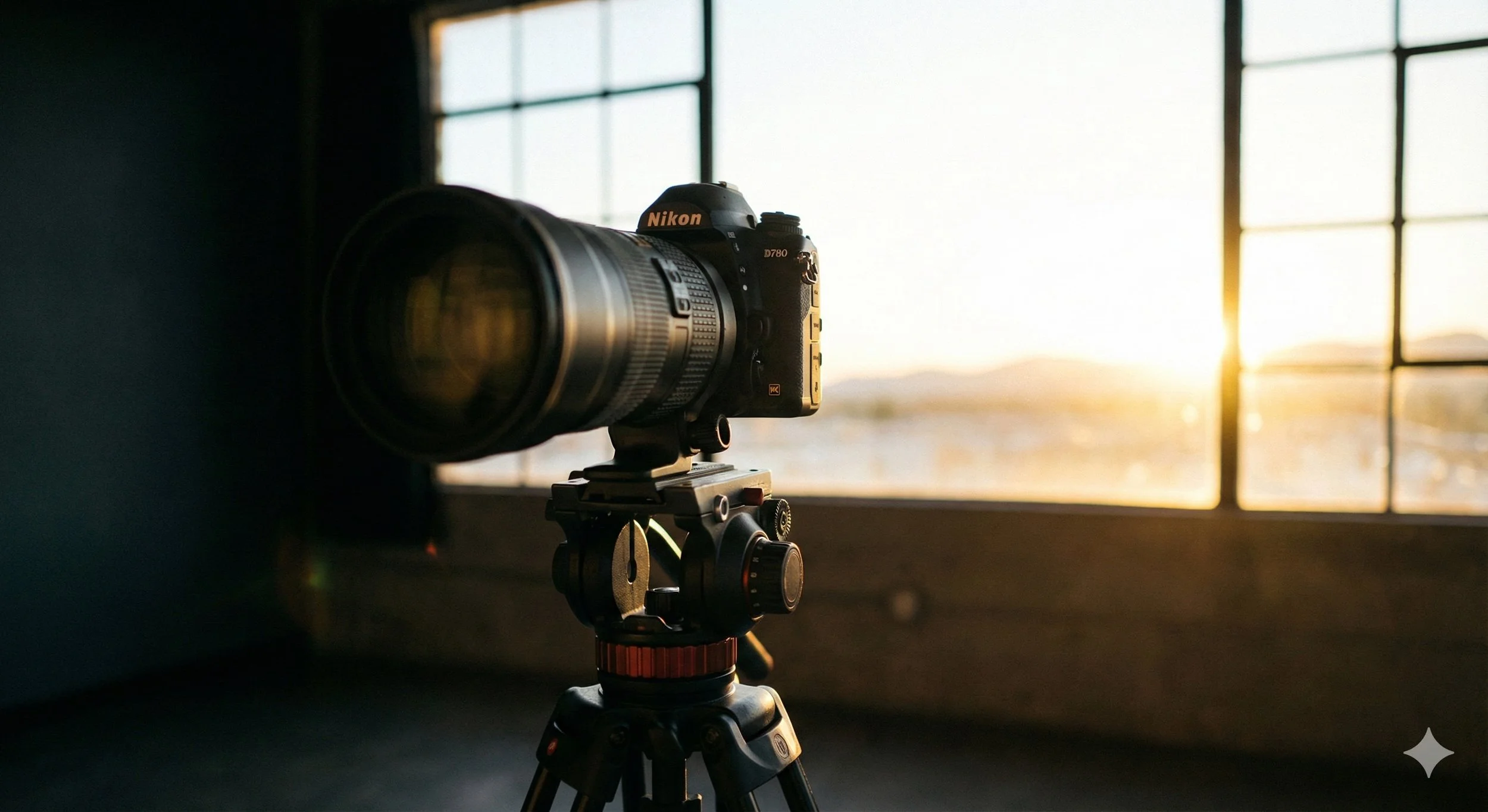 Eine professionelle Kamera auf einem Stativ in einem abgedunkelten Raum, gerichtet auf ein helles Fenster mit warmem Sonnenlicht; der Fokus liegt auf dem strahlenden Horizont im Hintergrund.